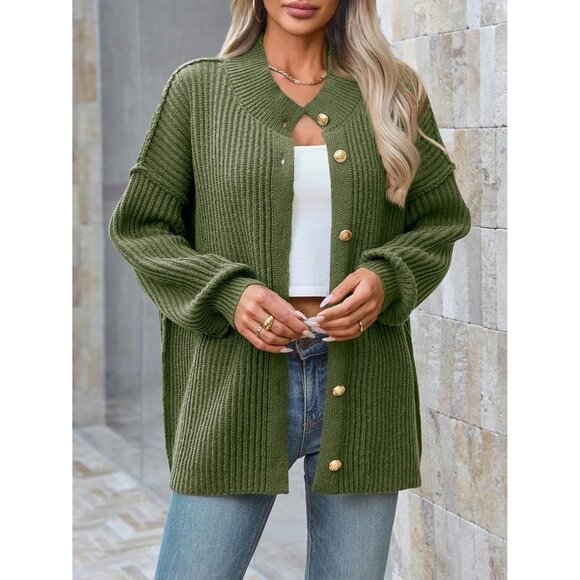 Trendy Lantern Sleeve Women's Cardigan - Soft Ribbed Knit Mock Neck Jacket - Picture 2 of 5
